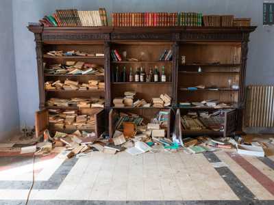 ...una splendida libreria in legno traboccante di libri (molti dei quali per� abbandonati sul pavimento)...